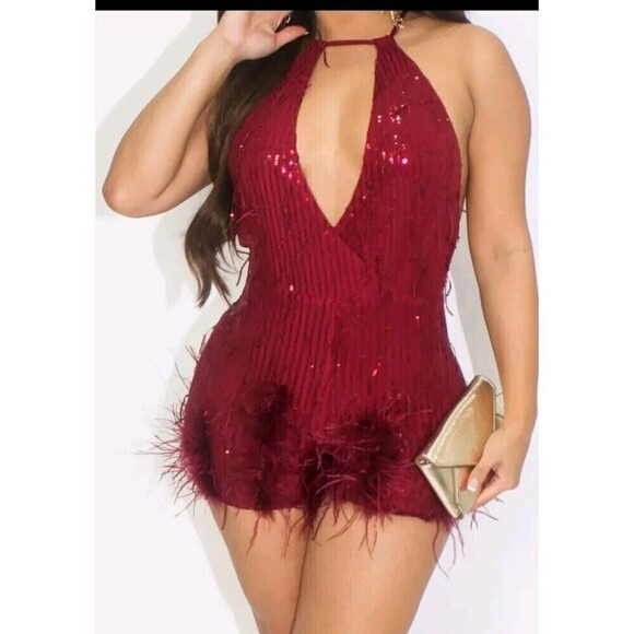 Women's Sequin Feathered Romper Size Small Burgundy Red Plunge Neckline Strappy - Picture 1 of 13